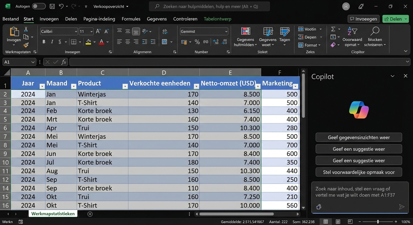 Een open Excel-document met informatie over kledingproducten en een open Copilot-chat ernaast, waar een gebruiker vraagt om data-inzichten weer te geven.