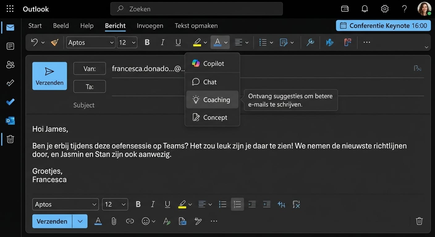 Voorbeeld van een concept-e-mail met onduidelijke punten