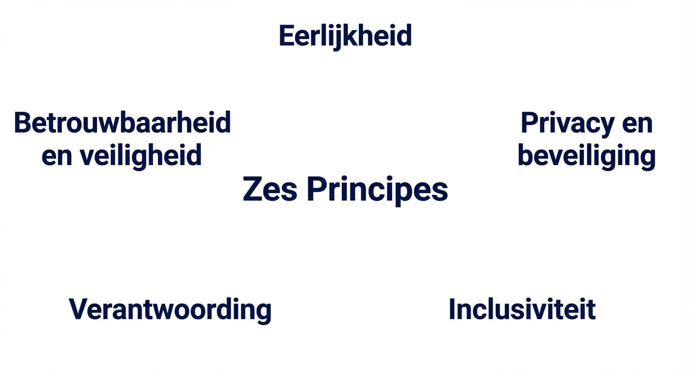 Een tekst met de woorden "zes principes", met daaromheen de termen die deze principes weergeven: eerlijkheid, privacy en veiligheid, betrouwbaarheid en veiligheid, verantwoordelijkheid, inclusiviteit