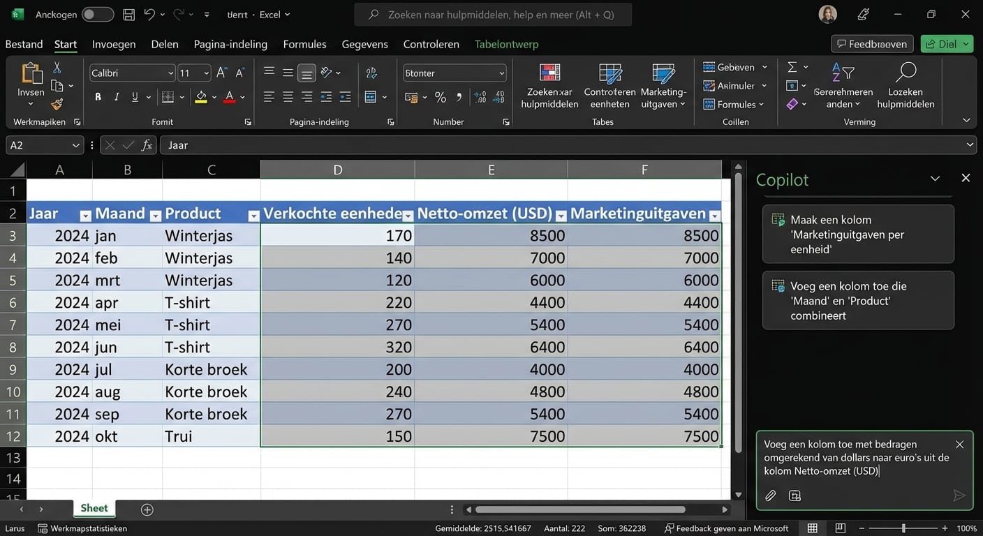 Een open Excel-document met informatie over kledingproducten en een open Copilot-chat ernaast, waar een gebruiker vraagt om bedragen om te rekenen naar euro's.
