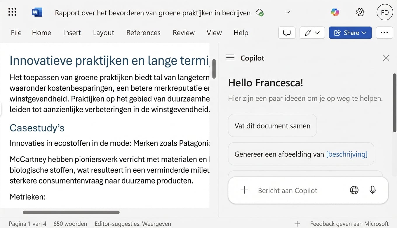 Een screenshot van een open Word-document met een open Copilot-chat ernaast.