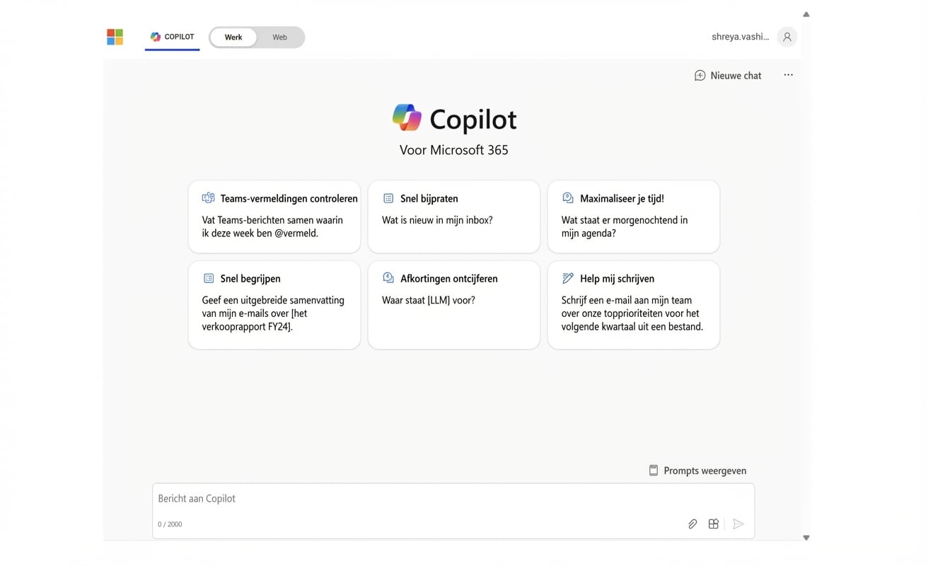 De startpagina van Copilot voor Microsoft 365.