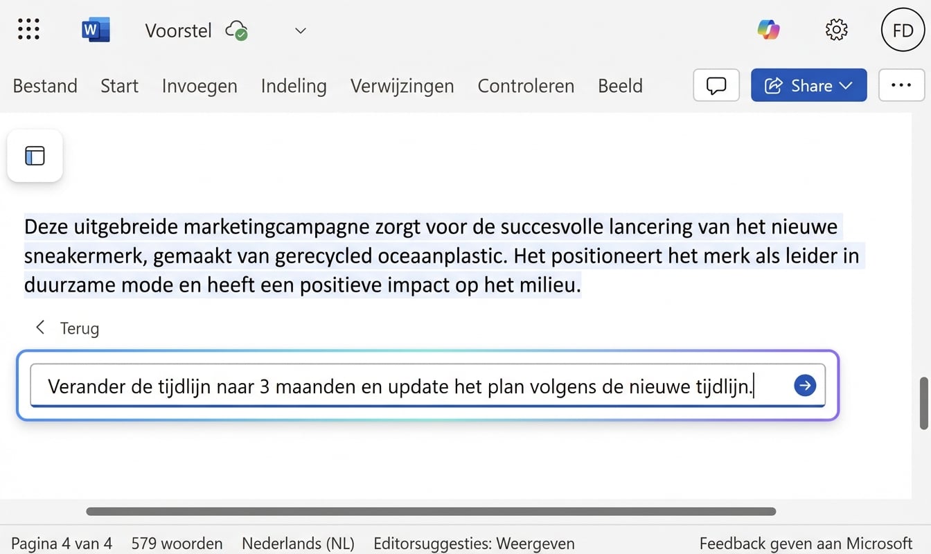 Een open Copilot-chat met de gebruiker die vraagt om de datum in de tijdlijn te veranderen.