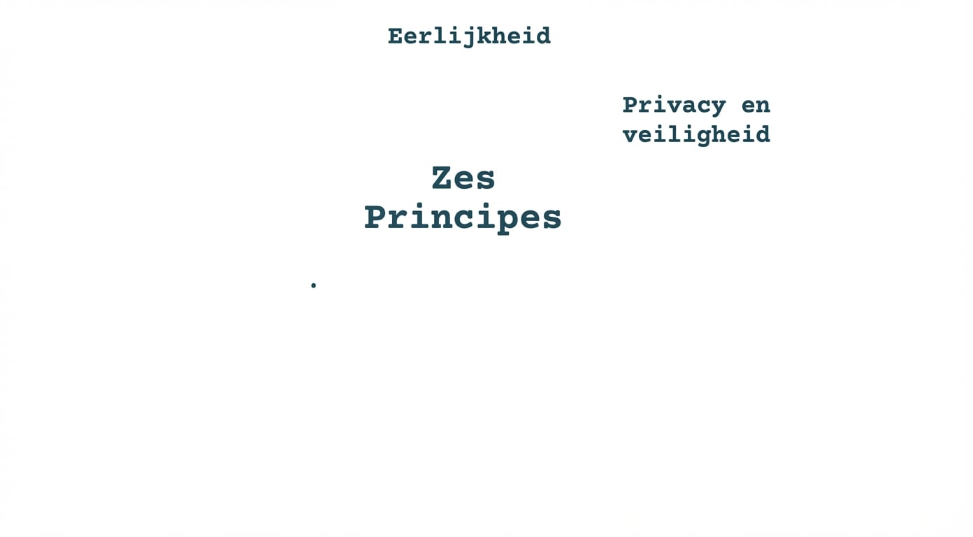 Een tekst met de woorden "zes principes", met daaromheen de termen die deze principes weergeven: eerlijkheid, privacy en veiligheid