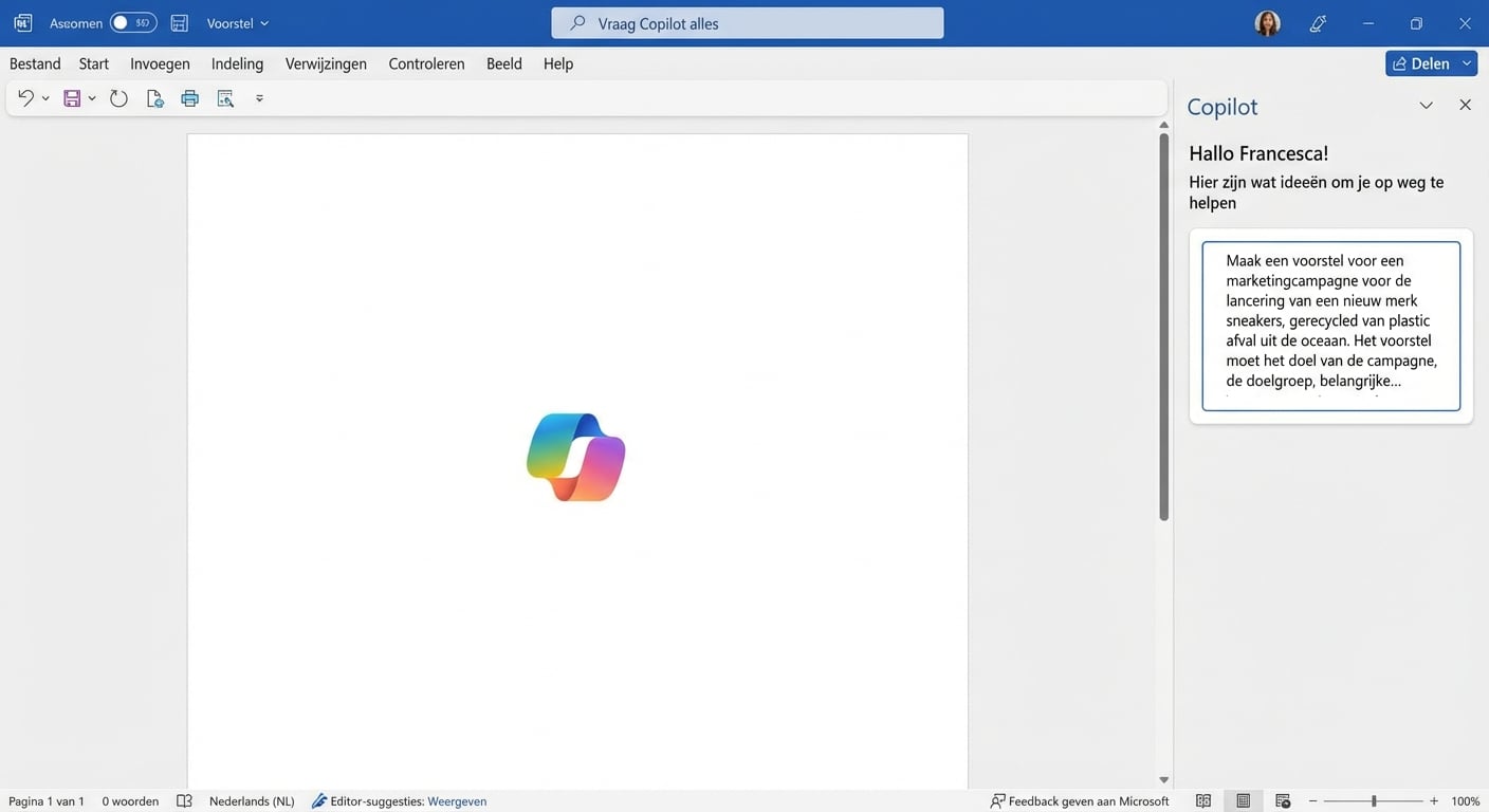 Een open Copilot-chat met de vraag om "een projectvoorstel voor een nieuwe marketingcampagne te creëren".