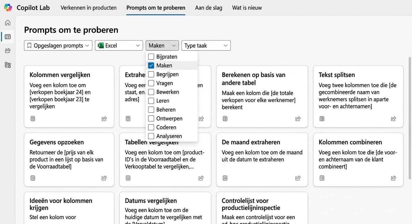 Een paar suggesties voor prompts van Copilot Lab, met verschillende dropdownfilters.