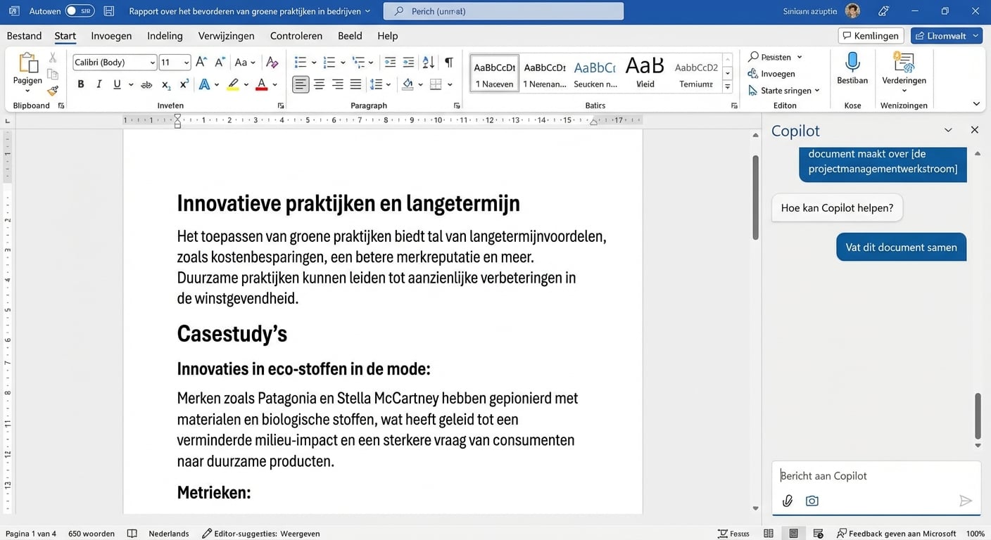 Een screenshot van een open Word-document met een open Copilot-chat ernaast, waar de gebruiker vraagt om het document samen te vatten.