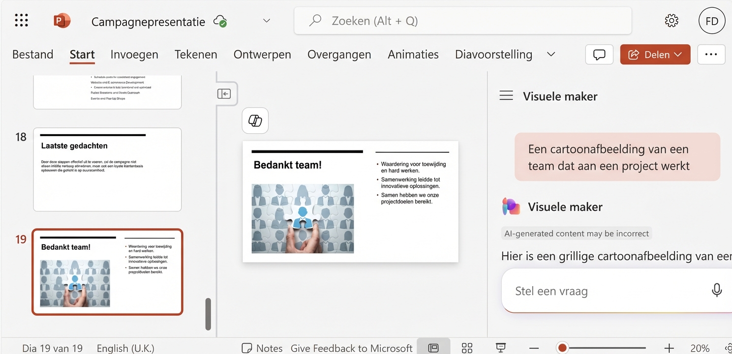 Een screenshot van een PowerPoint-dia met de Copilot-chat open, waar je het gesprek ziet met een gebruiker die vraagt om de dia's te ordenen.