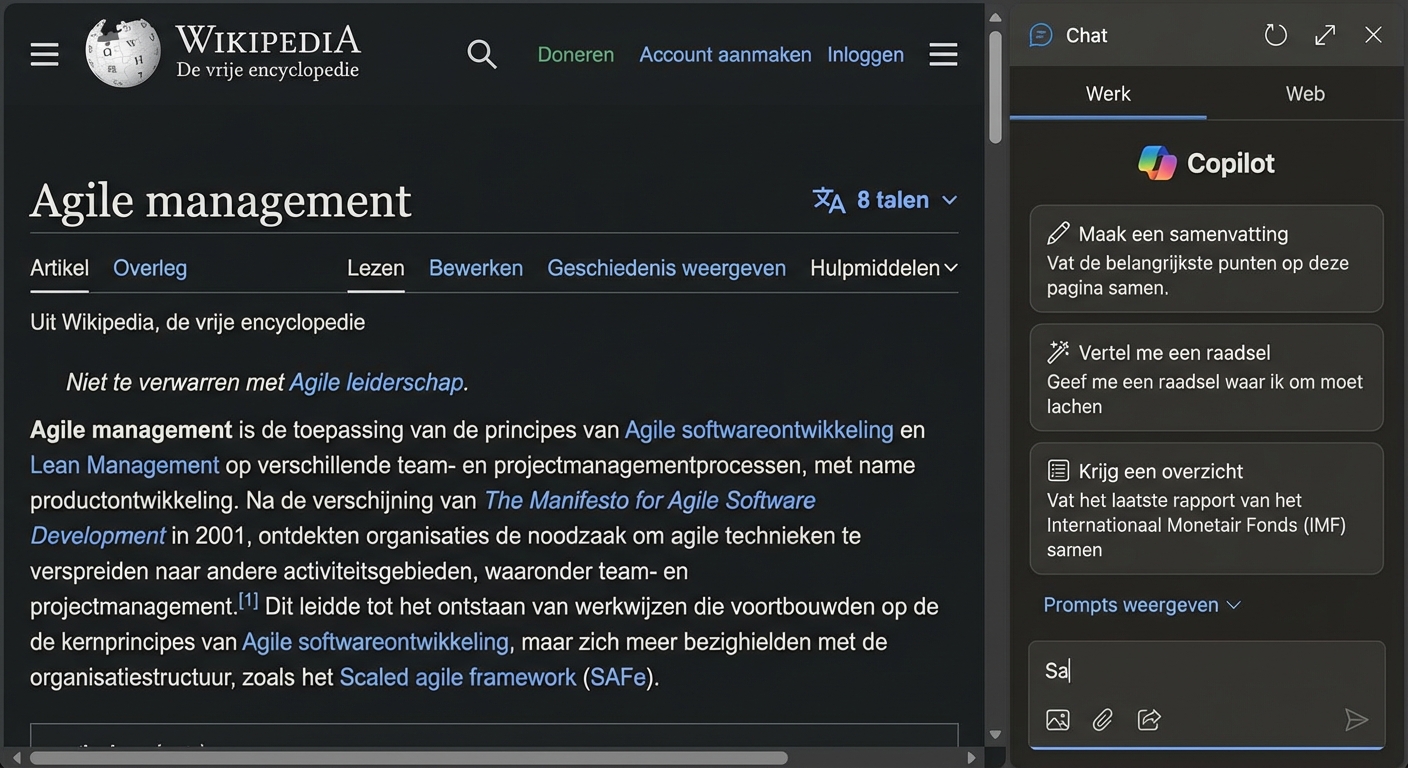 Copilot vat een webpagina samen