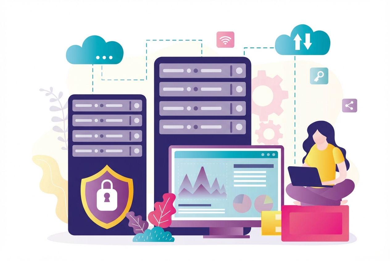 Pictogram van iemand die op een laptop werkt naast een computerserver.