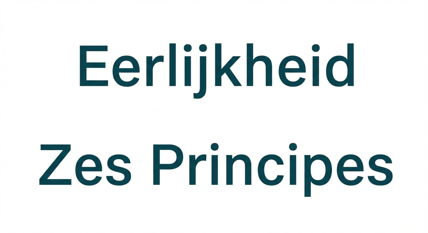 Een tekst met de woorden "zes principes", met daaromheen de termen die deze principes weergeven: eerlijkheid