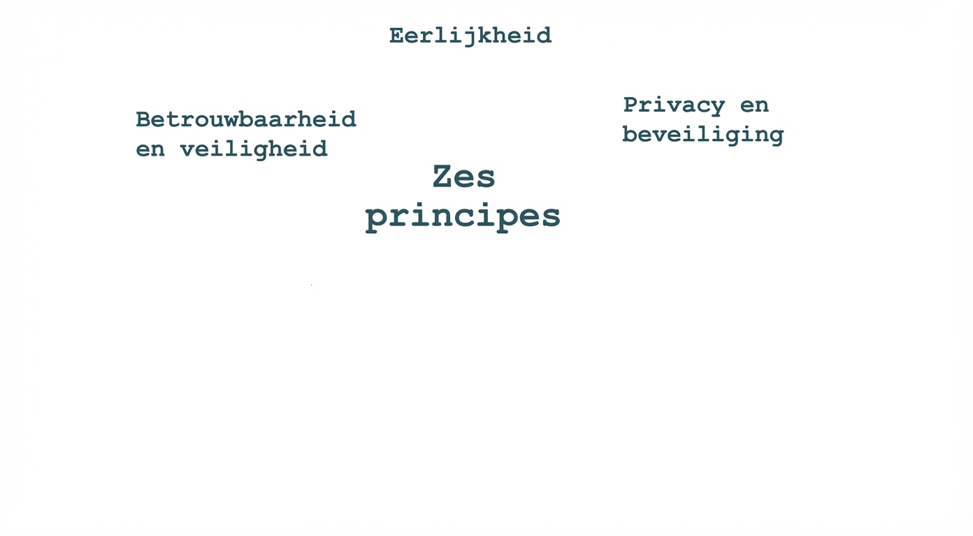 Een tekst met de woorden "zes principes", met daaromheen de termen die deze principes weergeven: eerlijkheid, privacy en veiligheid, betrouwbaarheid en veiligheid