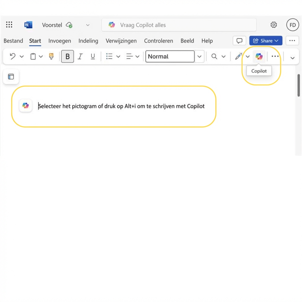 Screenshot van een leeg document in Word met "druk op ALT+I om te schrijven met Copilot" en het Copilot-pictogram gemarkeerd