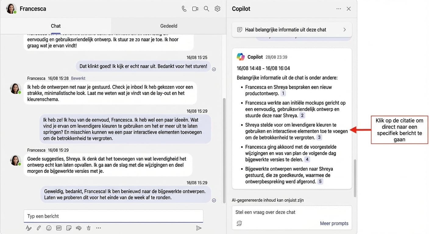 Een screenshot van een Microsoft Teams-chat met een zijchat open met daarin het antwoord van Copilot en een rode pijl die naar een referentie wijst die ons naar het oorspronkelijke bericht brengt.