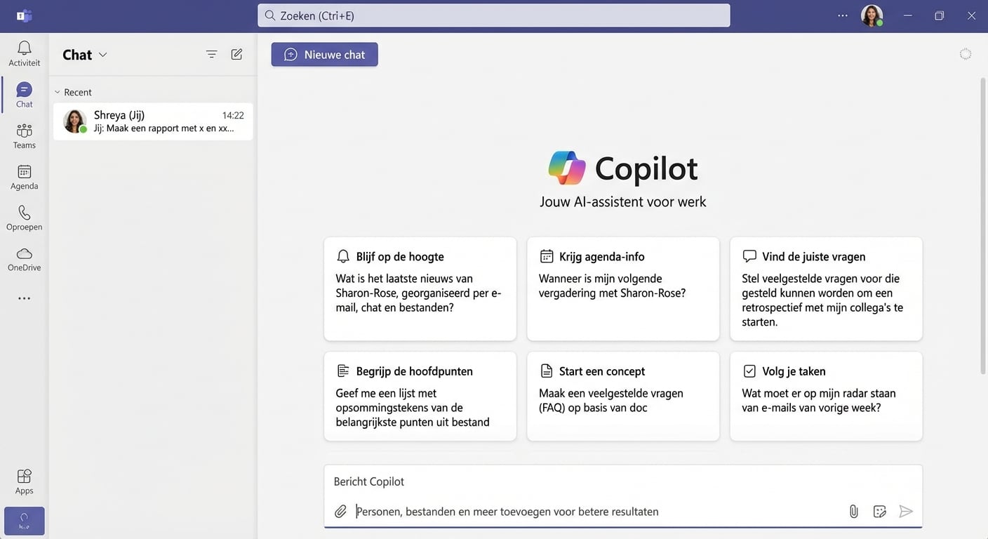 Een screenshot van Microsoft Teams met de Copilot-chat open.
