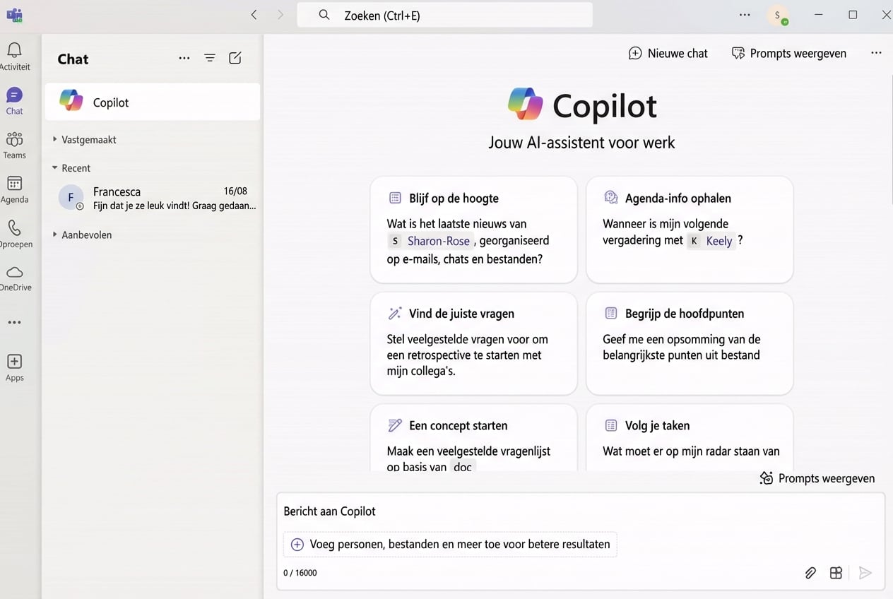 Een voorbeeld van een gebruiker die Copilot vraagt waar Francesca aan heeft gewerkt.