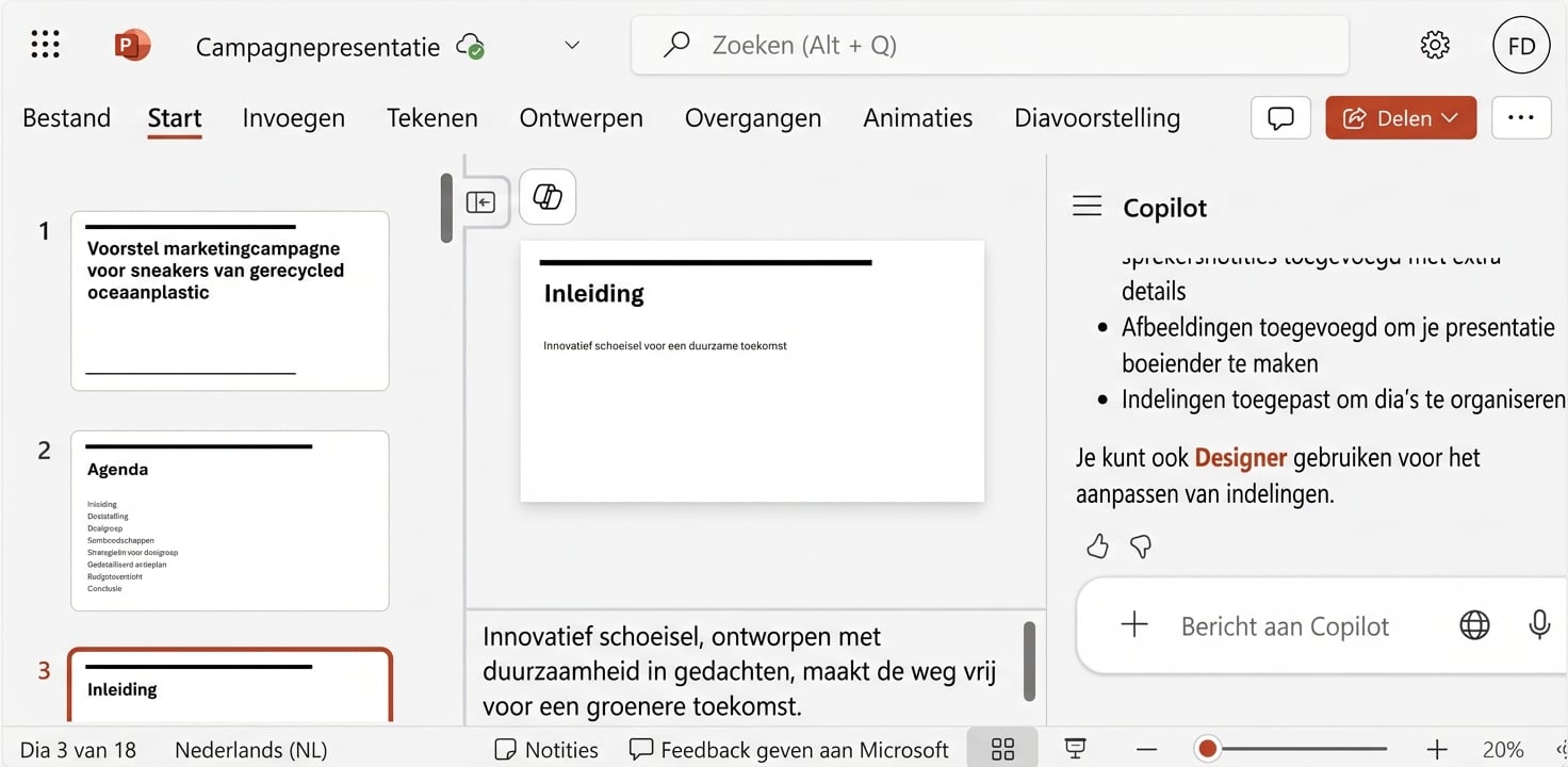 Een voorbeeld van hoe Copilot een presentatie maakt met een bestaand bestand als de basis.