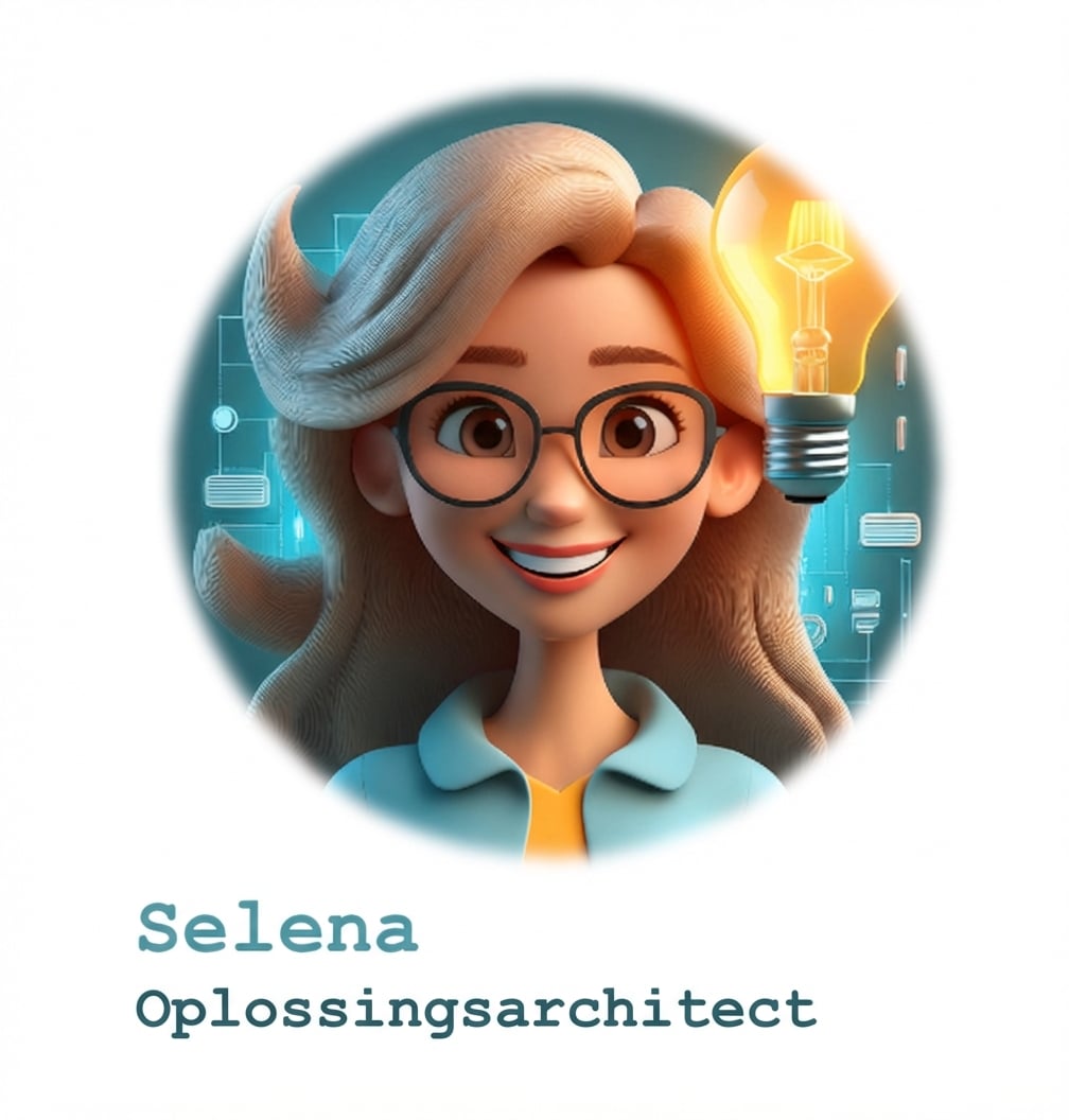 Een tekening van een lachende vrouw met een bril, omringd door digitale pictogrammen en een gloeiende gloeilamp, met naast haar de tekst: "Selena, Solution Architect".