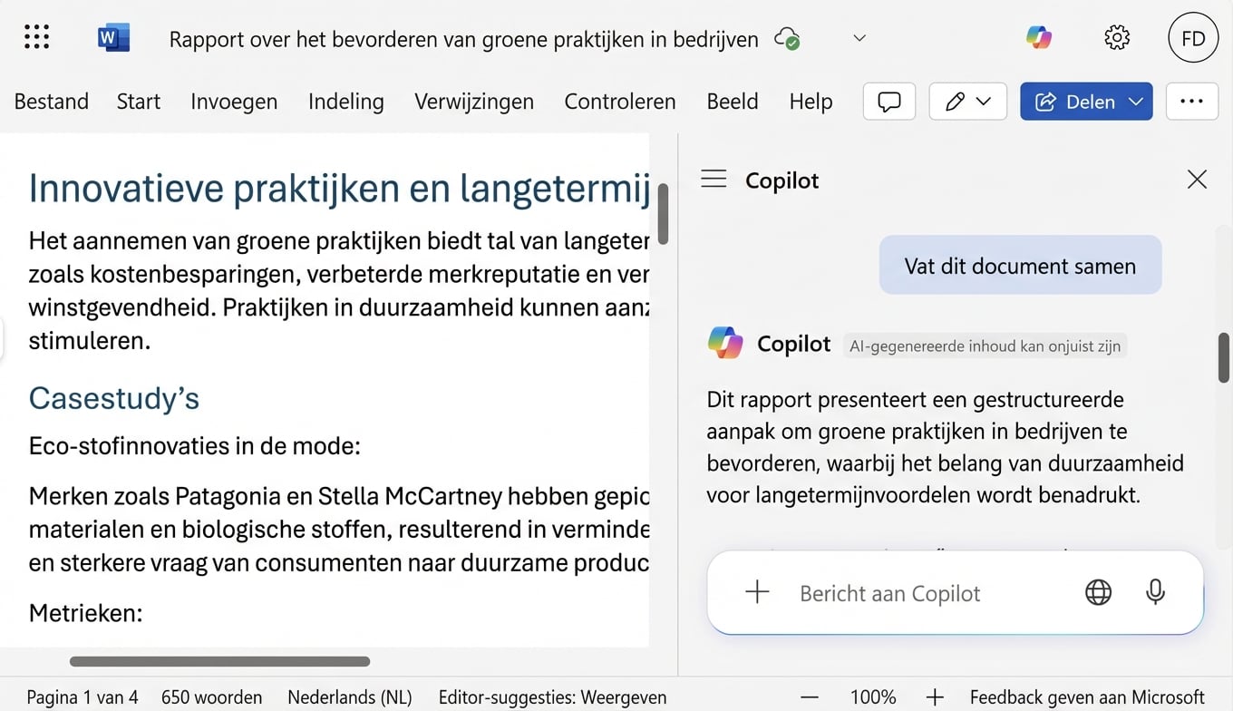 Een screenshot van een open Word-document met een open Copilot-chat die een samenvatting van het document weergeeft.