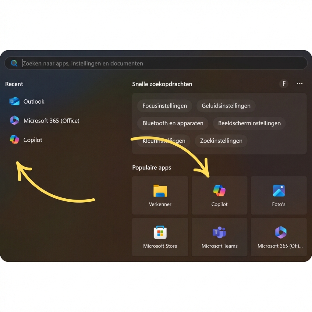Windows-zoekbalk met pijltjes die naar de Copilot-pictogrammen wijzen