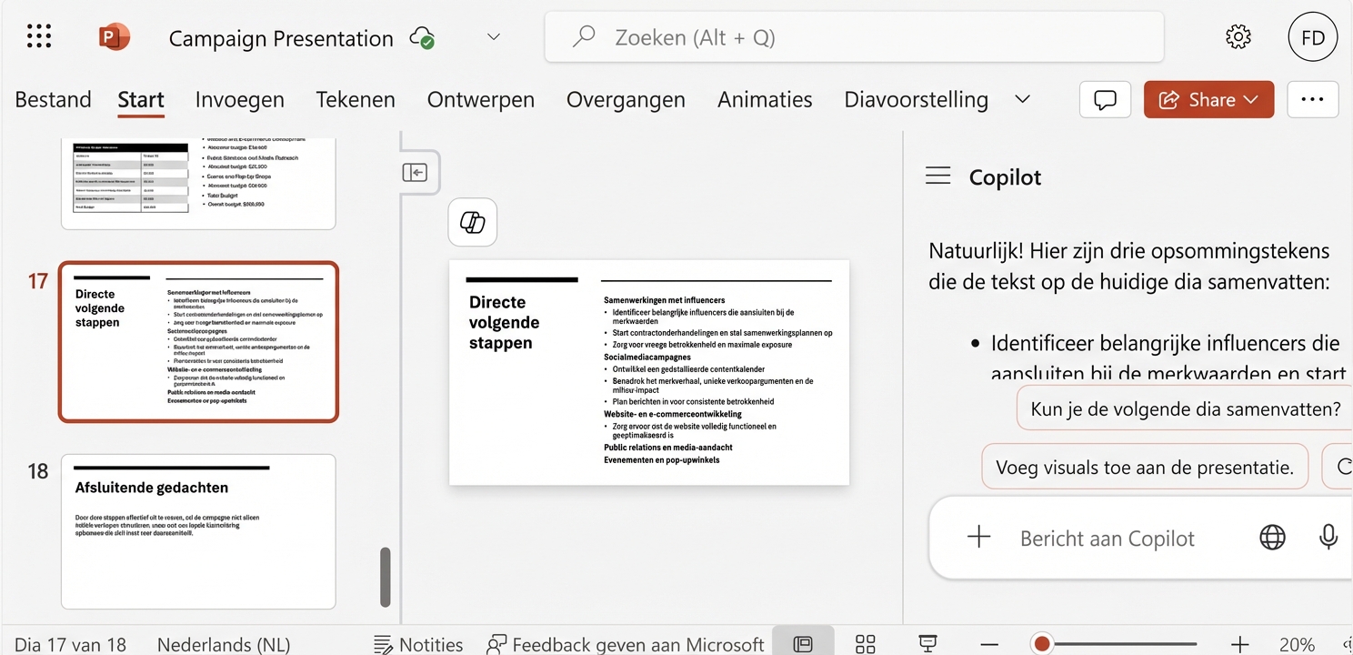Een screenshot van een PowerPoint-dia met de Copilot-chat open, waarop het gesprek met een gebruiker te zien is.