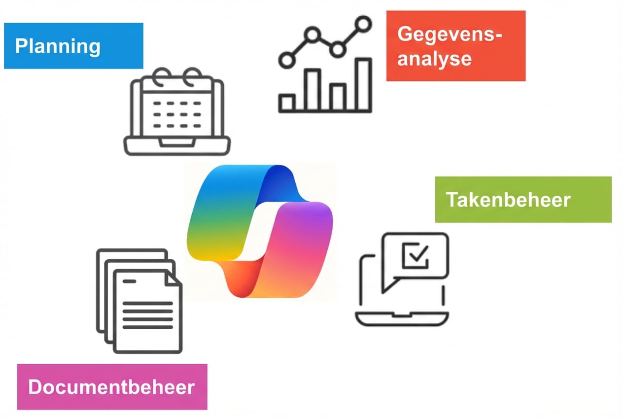 Pictogrammen die planning, data-analyse, taakbeheer en documentverwerking weergeven rondom een centraal kleurrijk logo van Copilot.