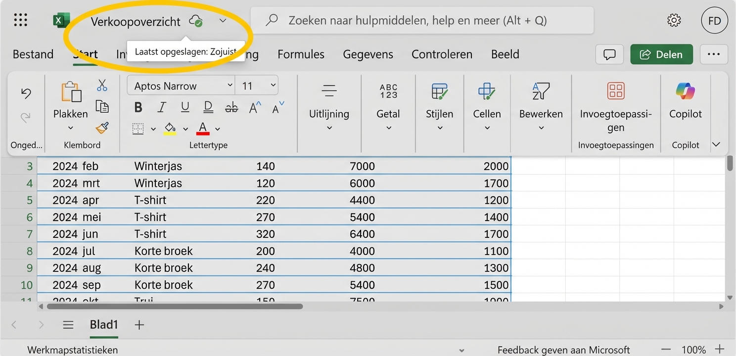 Screenshot van een Excel-werkblad met automatisch opslaan geaccentueerd.