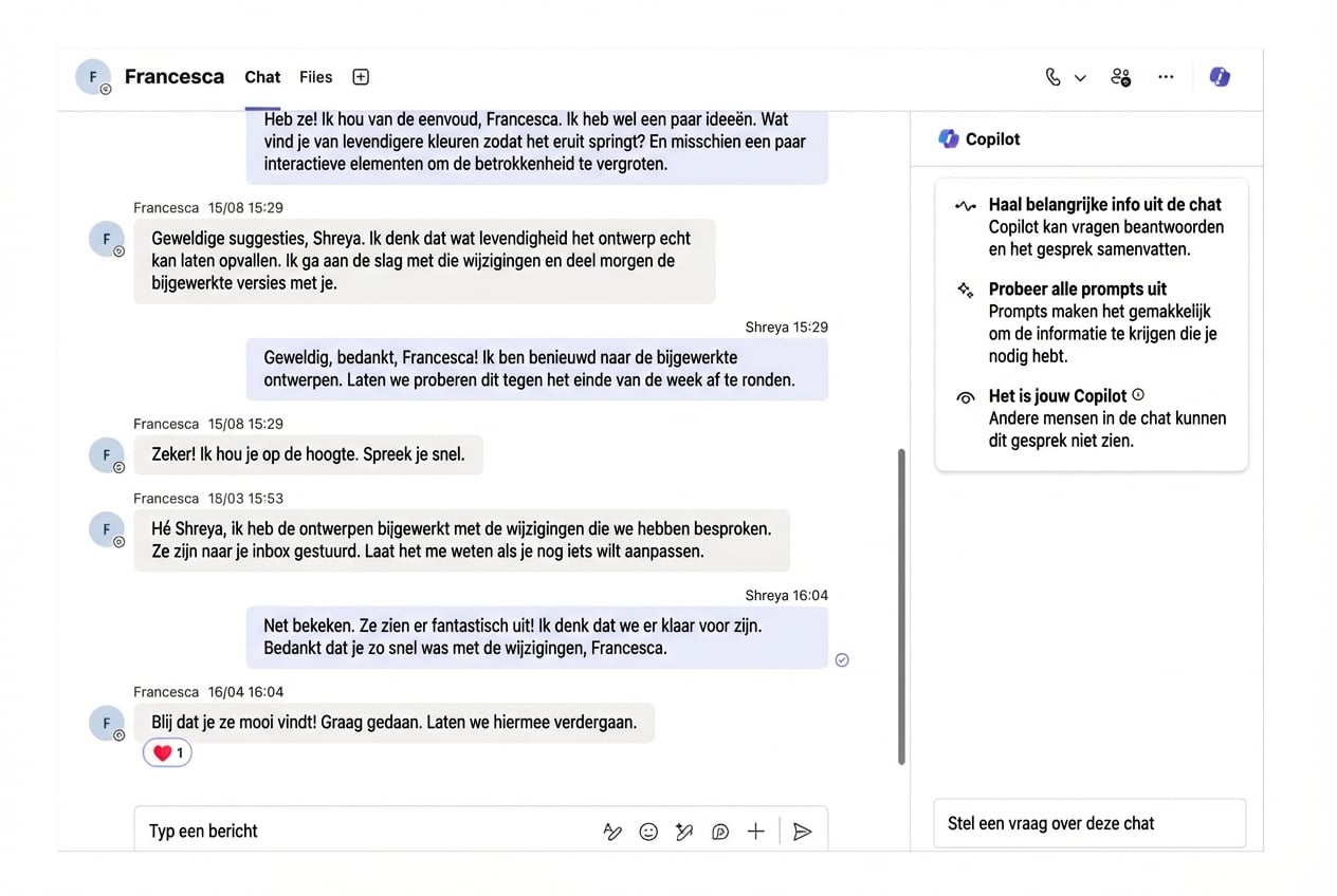 Een screenshot van Microsoft Teams met de Copilot-chat open en het Copilot-pictogram linksboven omcirkeld in rood.