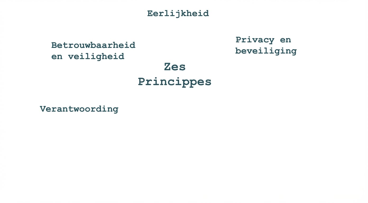 Een tekst met de woorden "zes principes", met daaromheen de termen die deze principes weergeven: eerlijkheid, privacy en veiligheid, betrouwbaarheid en veiligheid, verantwoordelijkheid