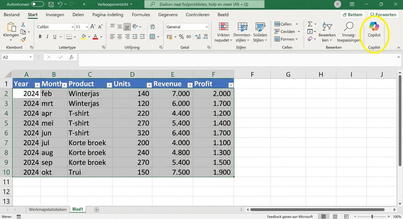 Screenshot van een Excel-werkblad met het Copilot-pictogram geaccentueerd.