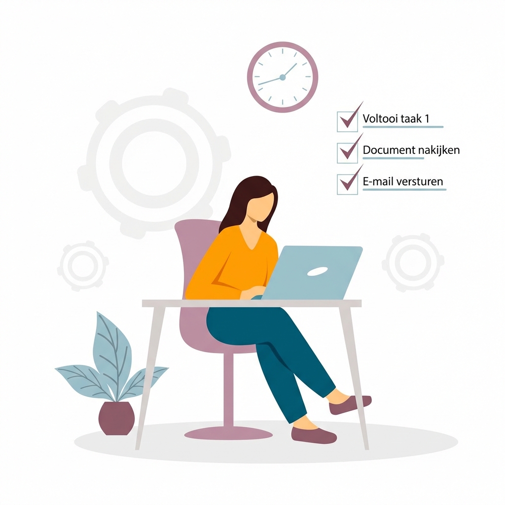 Iemand die aan een bureau zit en op een laptop documenten leest