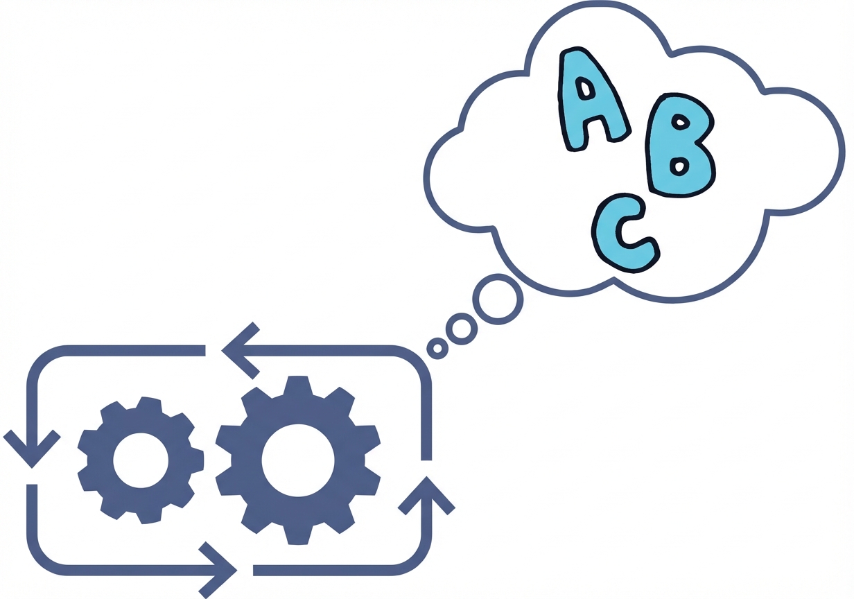 Draaiende tandwielen met een denkballon met de letters a, b, c erin.