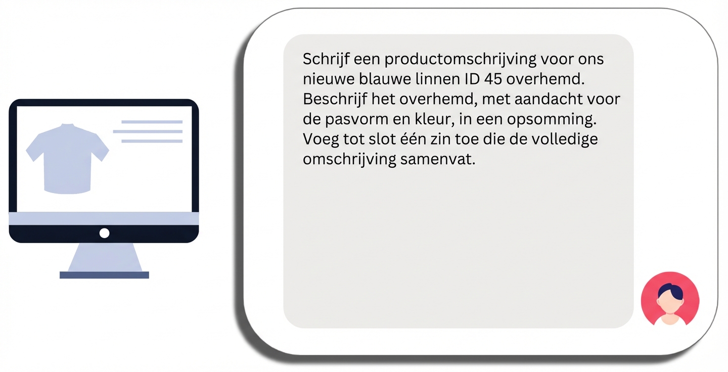 Een prompt voor een productbeschrijving voor een shirt met een specifieke productnaam en specifieke verzoeken