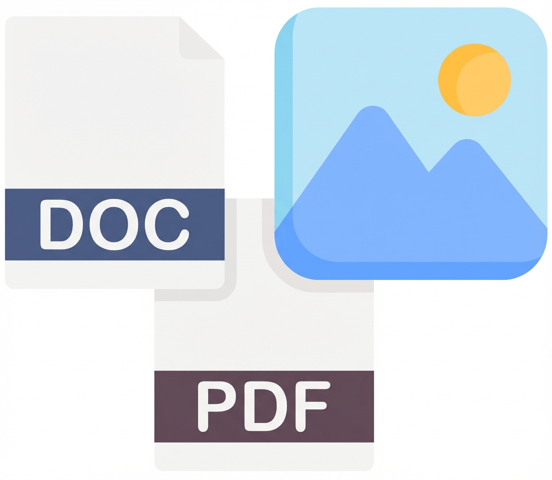 Pictogrammen van een document, pdf en afbeelding.