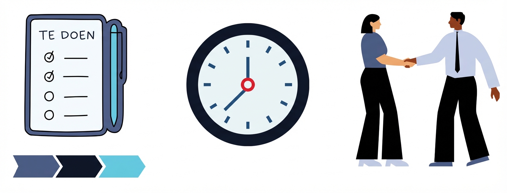 Een takenlijst, een klok en twee mensen die handen schudden