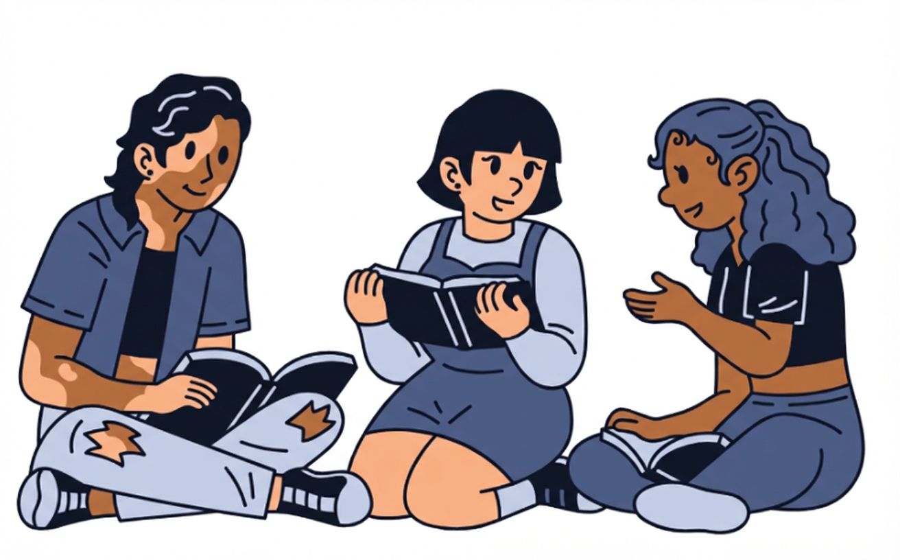 Drie studenten zitten op de grond in gewone kleren: ze vertegenwoordigen de school.