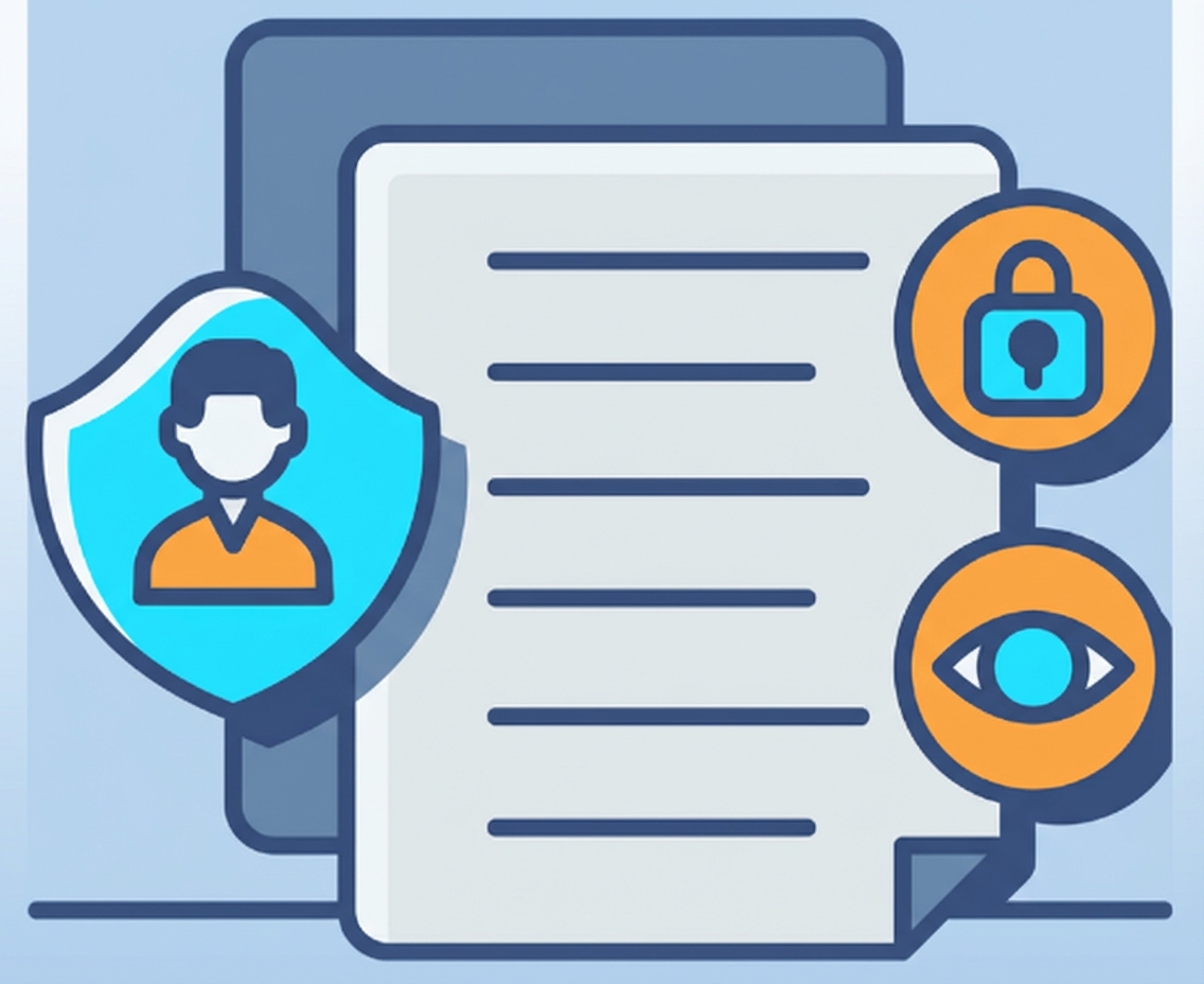 Illustratie van een document met een paar pictogrammen, zoals een slot en een oog, om de aandachtspunten te laten zien.