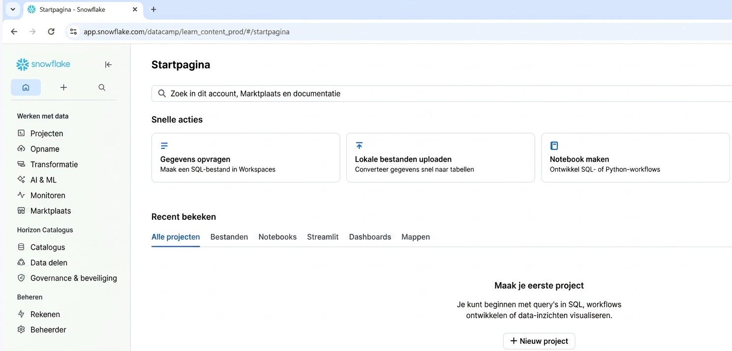 Screenshot van de Snowsight-UI