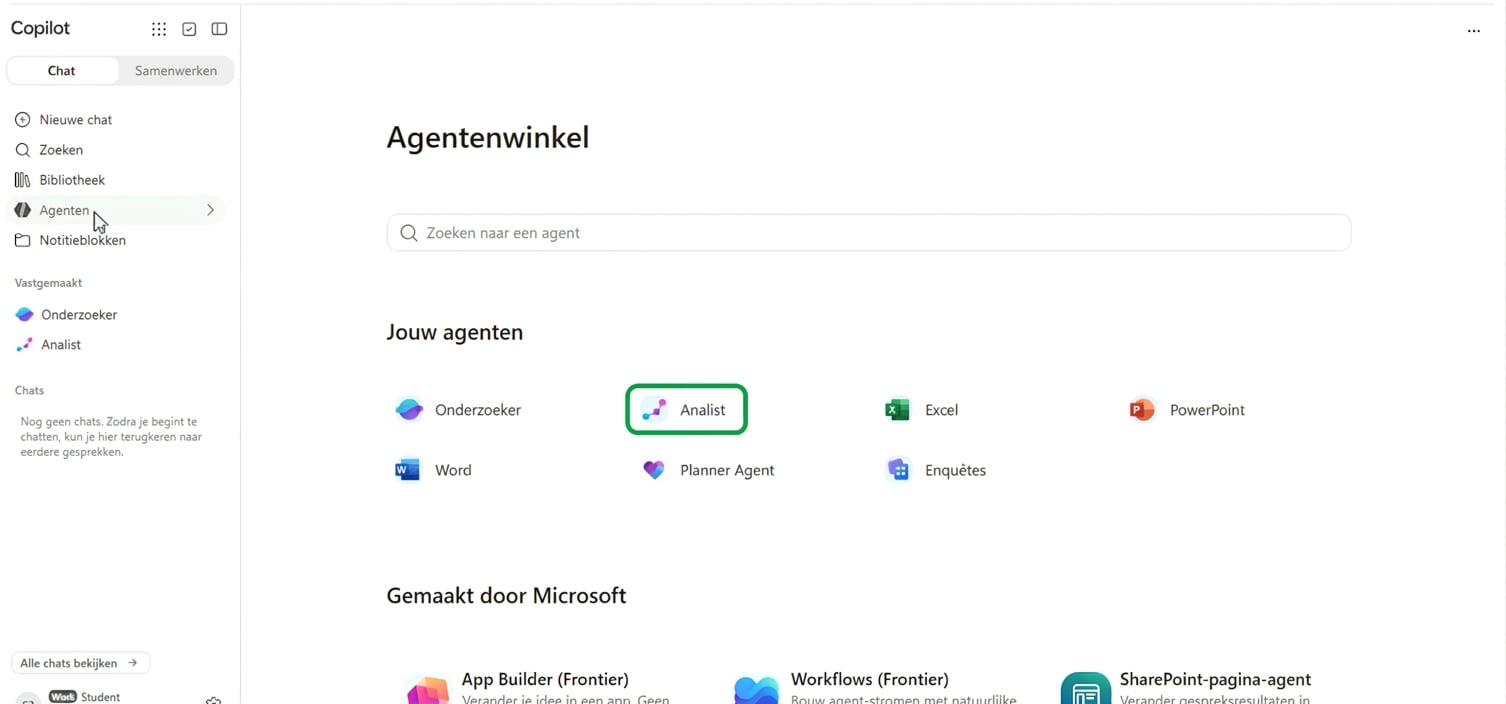 De Agent Store in Copilot, met de Analyst-agent gemarkeerd tussen de ingebouwde agents