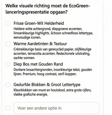 Copilot vraagt welke visuele richting het EcoGreen-deck moet krijgen en biedt vier omschreven stijlen om uit te kiezen