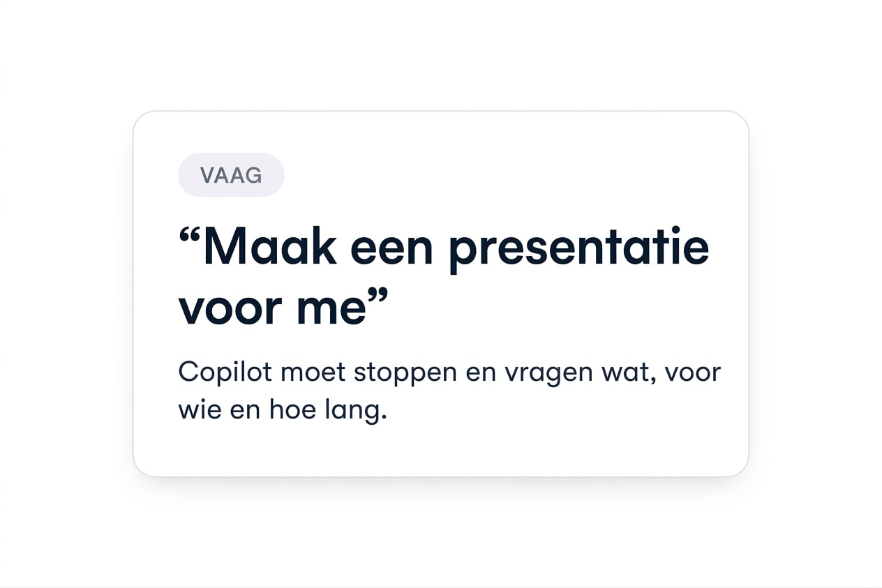 Een enkele kaart met VAGUE en de tekst "Make me a deck", met de opmerking dat Copilot moet vragen wat, voor wie en hoe lang