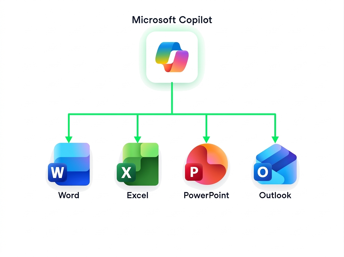 Grafiek met het Microsoft Copilot-logo in het midden, verbonden met Word-, Excel- en PowerPoint-pictogrammen, als symbool voor Copilots vermogen om werk over apps te verbinden