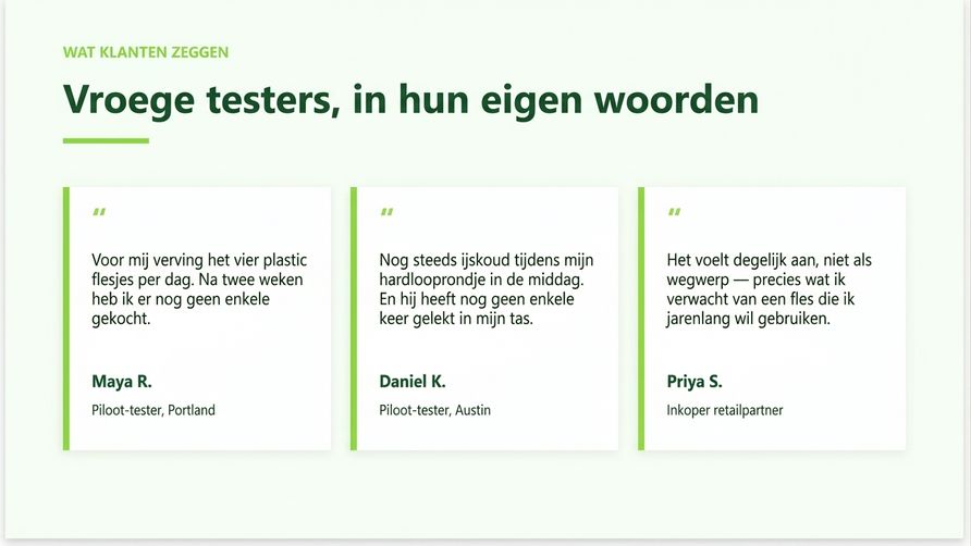 De testimonials-dia die Copilot toevoegde, met drie on-brand citaatkaarten