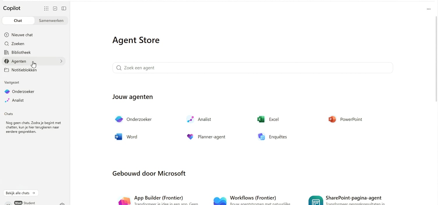 De Agent Store in Copilot, met Researcher en Analyst tussen de ingebouwde agents