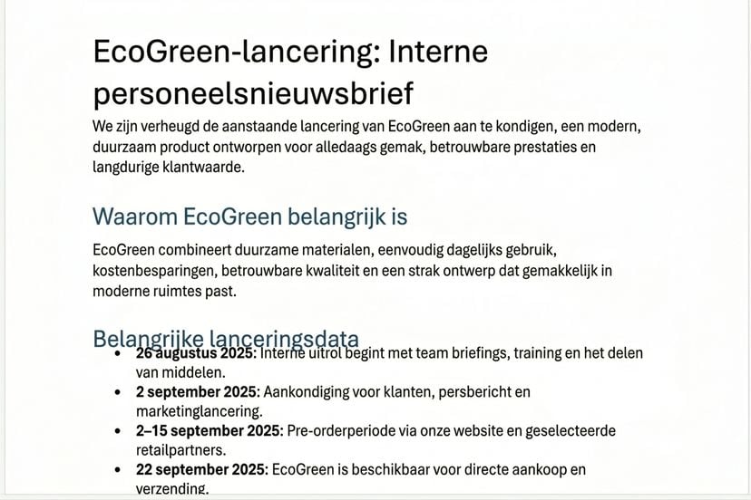 De EcoGreen-nieuwsbrief die Copilot in Word opstelde, met duidelijke koppen en korte secties