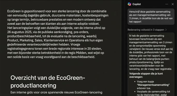 Word zet de geplakte cross-bestandssamenvatting om in een executive summary van drie zinnen bovenaan het EcoGreen-rapport