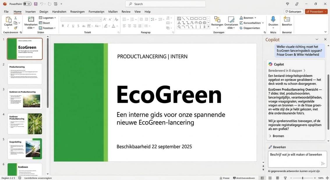 Copilot bouwt een EcoGreen-deck met meerdere dia's in PowerPoint: het redeneervenster naast een miniaturenbalk van de gegenereerde dia's