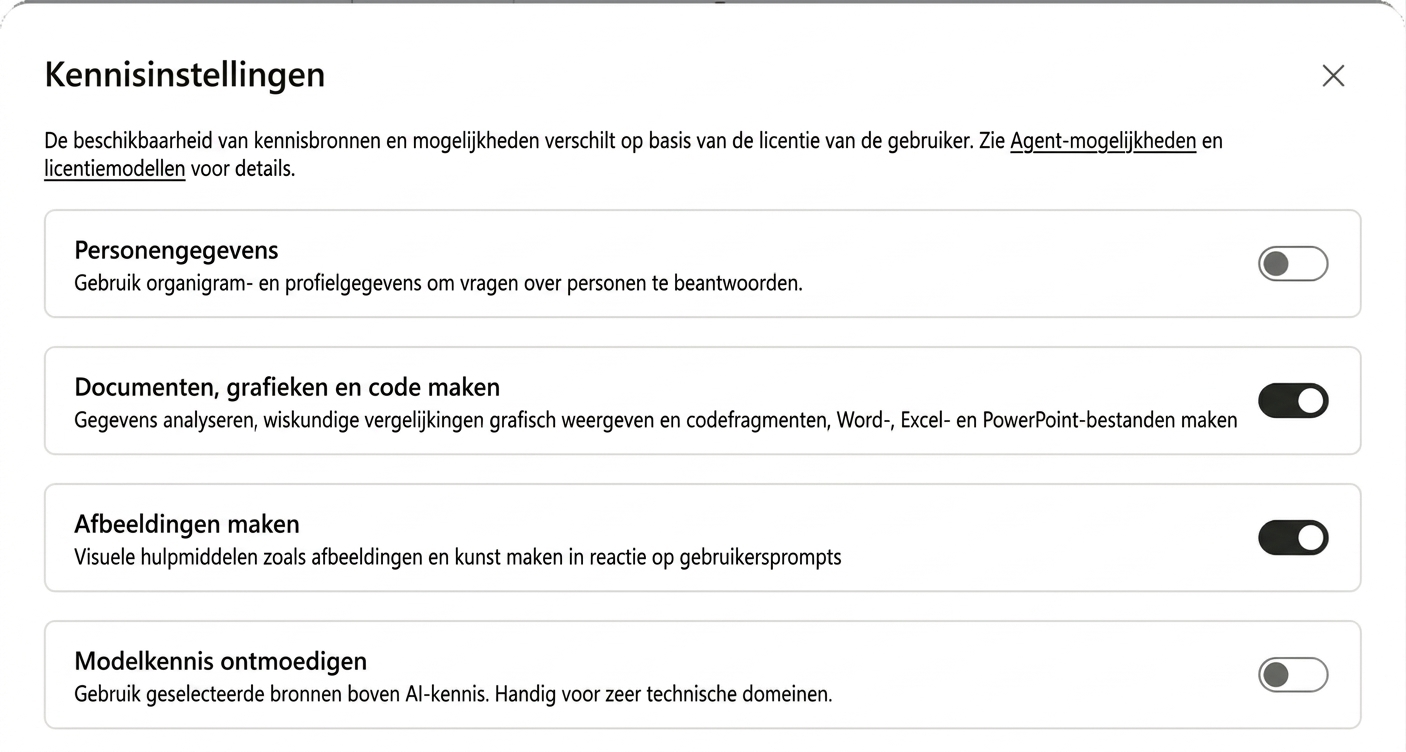 Het venster Knowledge-instellingen met Create documents, charts, and code en Create images beide ingeschakeld