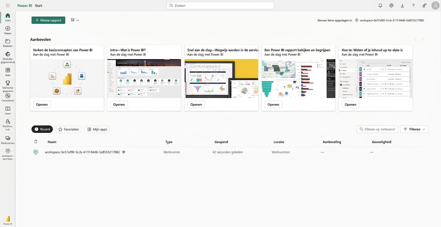 Startpagina na inloggen in Power BI Service