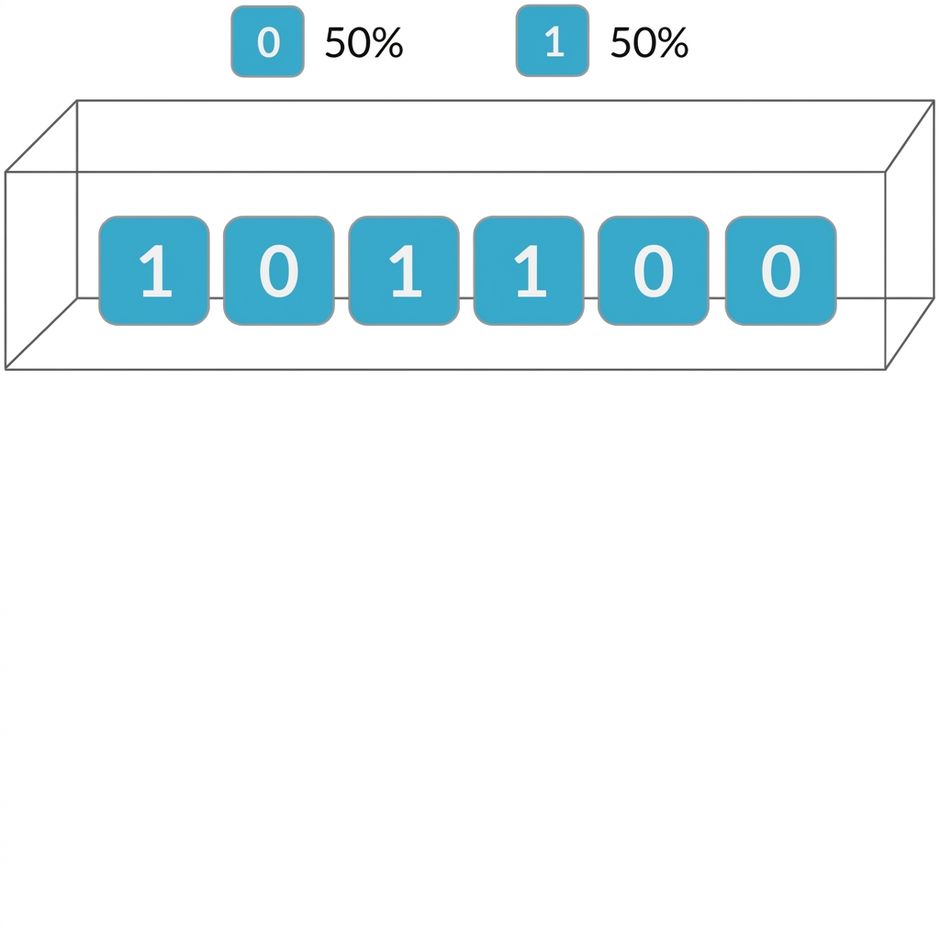 Doos met kaartjes met 3 nullen en 3 enen. 50% kans op 0, 50% kans op 1